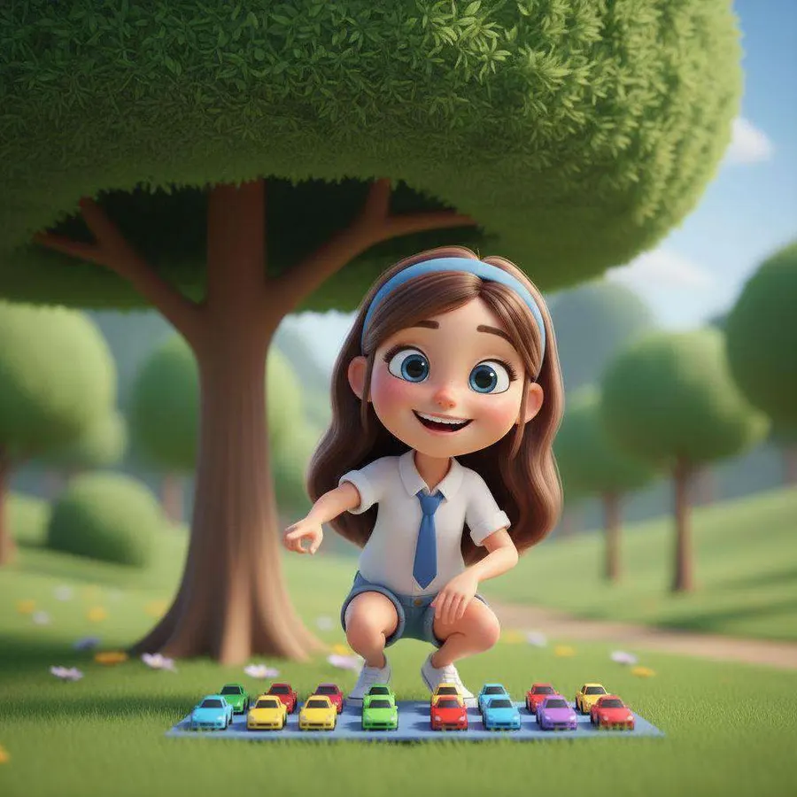 Amaia, agachada bajo un árbol, sonríe junto a una fila de cochecitos de colores ordenados sobre una manta