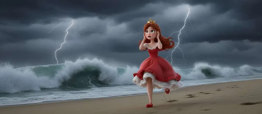 La princesa Coral corre por la playa mientras las olas y los rayos de una tormenta gigante oscurecen la bahía