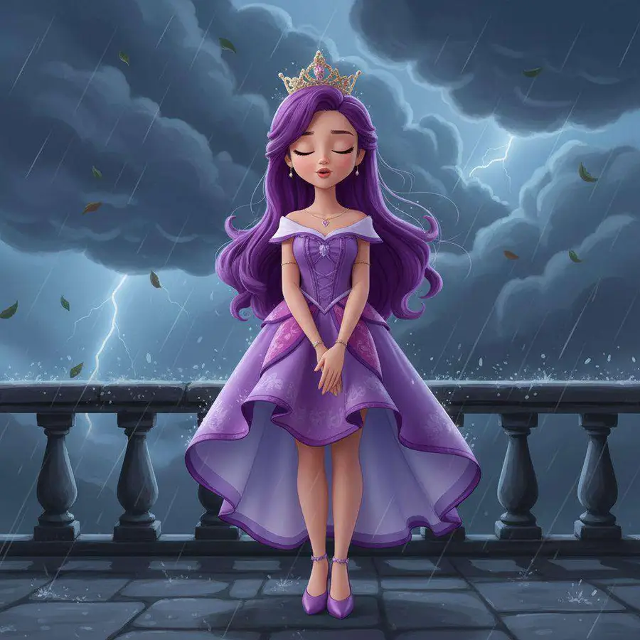 Perla, con los ojos cerrados y las manos juntas, escucha la tormenta desde una terraza bajo la lluvia