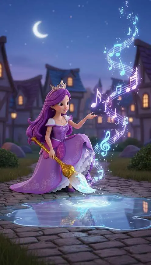 Perla dibuja notas musicales de colores en el aire de una plaza de noche, con su pincel apoyado en un charco
