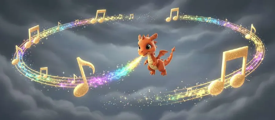 Flami vuela en círculos iluminando un anillo de notas musicales doradas suspendido sobre las nubes de tormenta