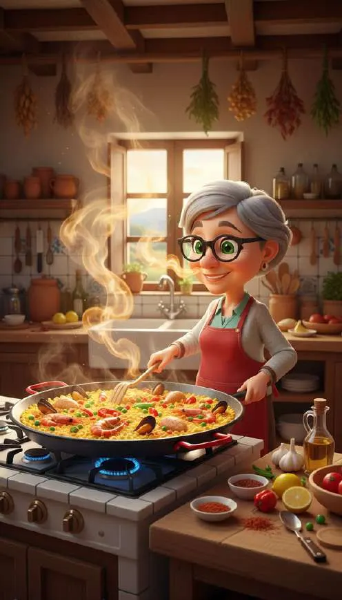 Carmen remueve una paella humeante en la cocina de casa, rodeada de especias, verduras y cacharros de barro