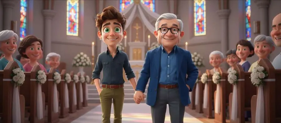 Javier acompaña a Daniel por el pasillo central de una iglesia decorada con flores, ante los invitados