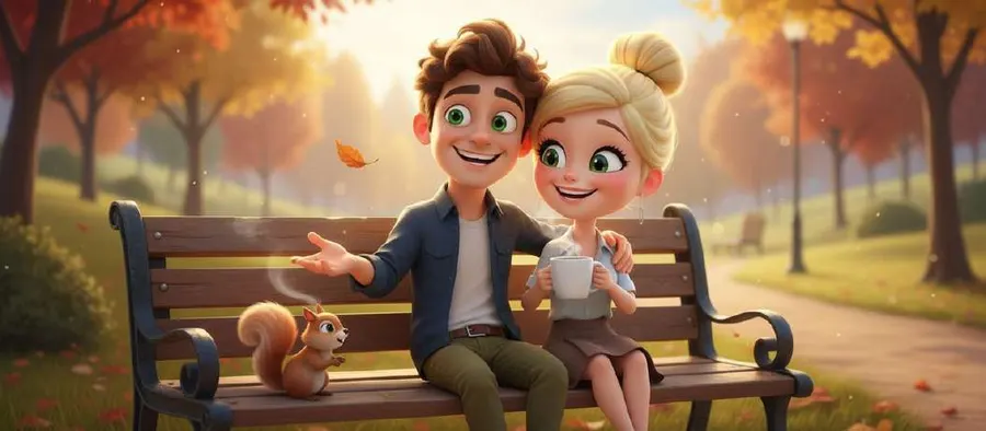 Daniel y Lucía charlan sentados en un banco de un parque otoñal, con una ardilla al lado y un café en la mano