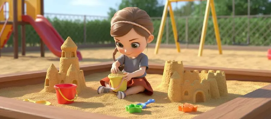Una niña juega sola con un cubo en el arenero del patio del colegio, junto a los columpios y el tobogán