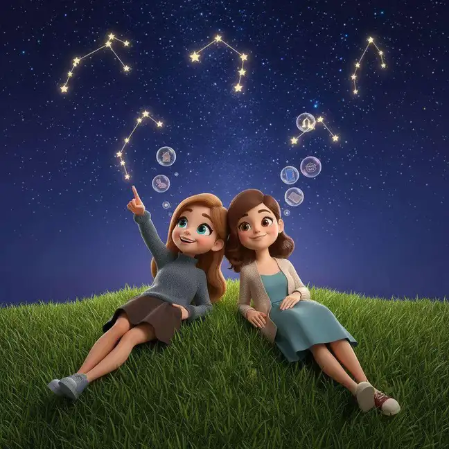 Blanca y Lorena, tumbadas en la hierba de noche, señalan las constelaciones dibujadas en el cielo estrellado