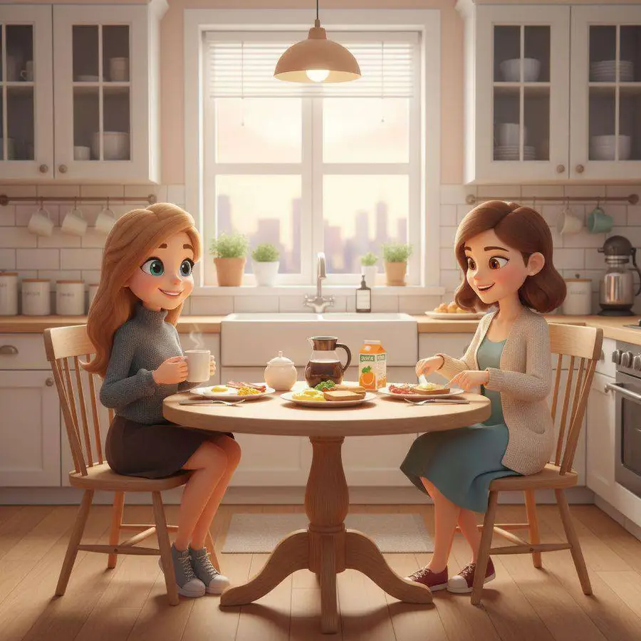 Blanca y Lorena desayunan una frente a la otra en la mesa redonda de la cocina de su piso compartido