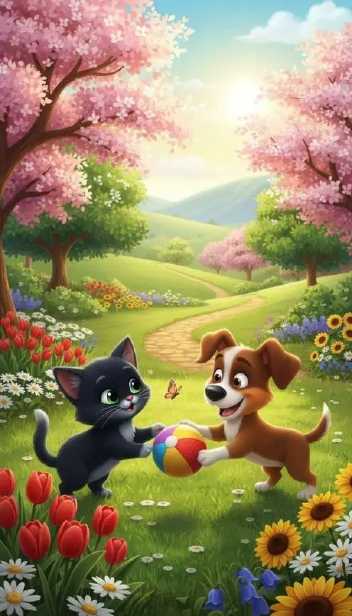 Puki, una gata gris, y Lío, un perro marrón y blanco, juegan con una pelota en un prado lleno de flores