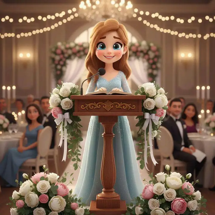 Blanca da un discurso ante un atril adornado con flores en un salón de bodas iluminado con guirnaldas