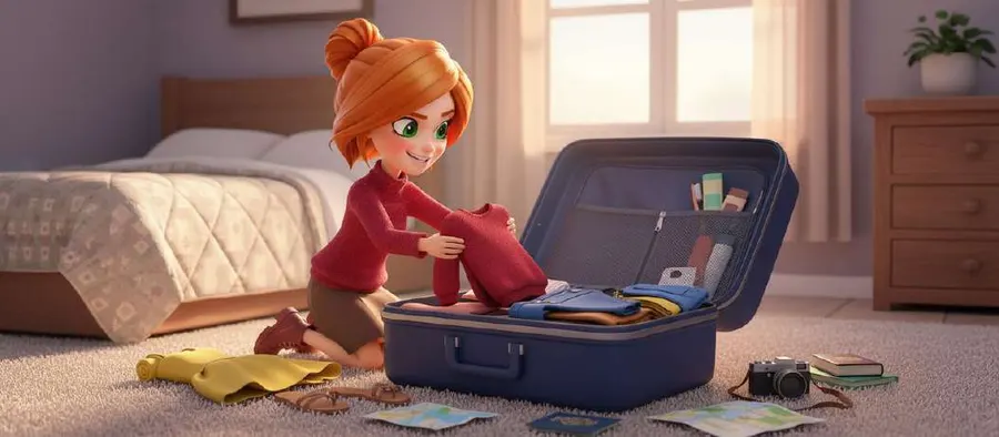 Paula, de rodillas en su habitación, dobla ropa y la va guardando en una maleta azul abierta en el suelo