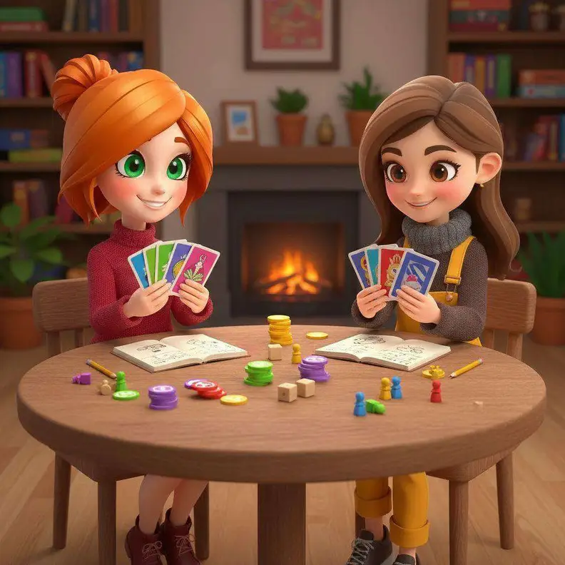 Paula y Lucía juegan a las cartas sentadas a una mesa redonda junto a la chimenea, con fichas y libretas