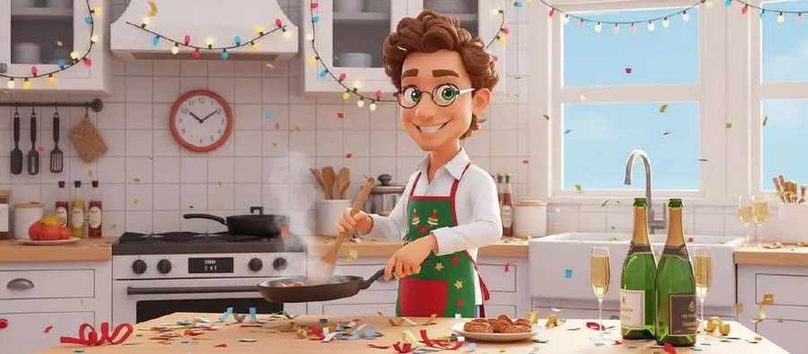 Álvaro cocina con delantal en una cocina decorada con guirnaldas y confeti, con dos botellas y copas en la encimera