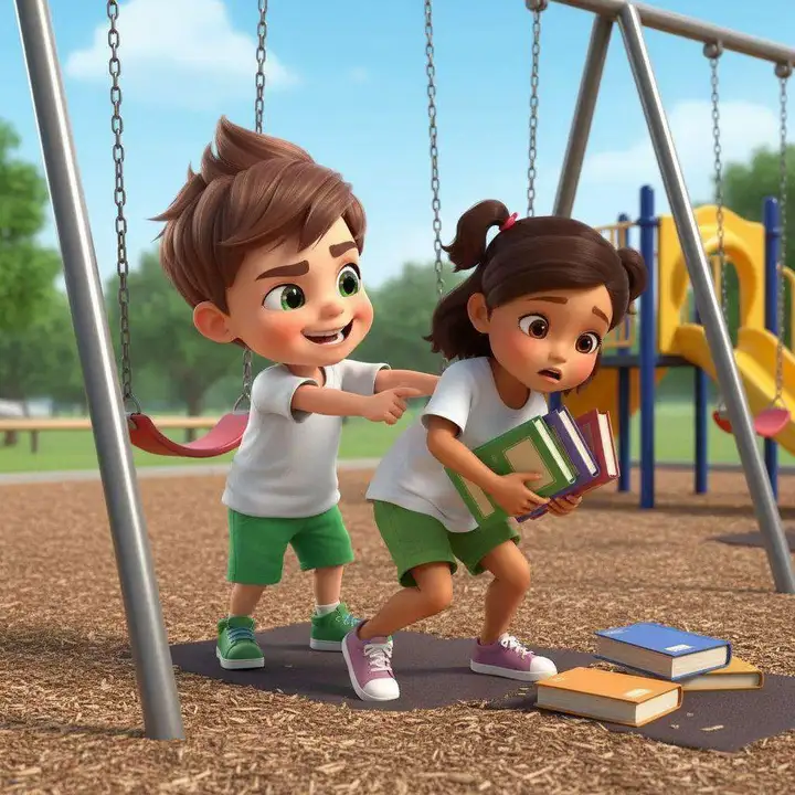 Un niño empuja a una niña junto a los columpios del patio mientras a ella se le caen los libros al suelo