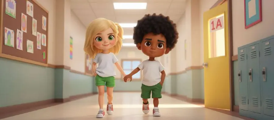 Elena y Adrián caminan juntos y de la mano por el pasillo del colegio hacia la puerta de un aula