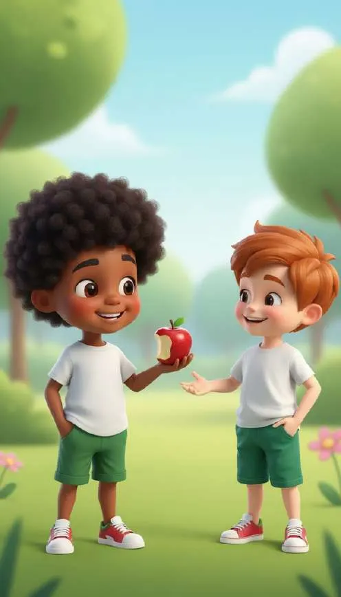 Un niño le ofrece una manzana a otro en el patio, los dos de pie sobre el césped y sonriendo