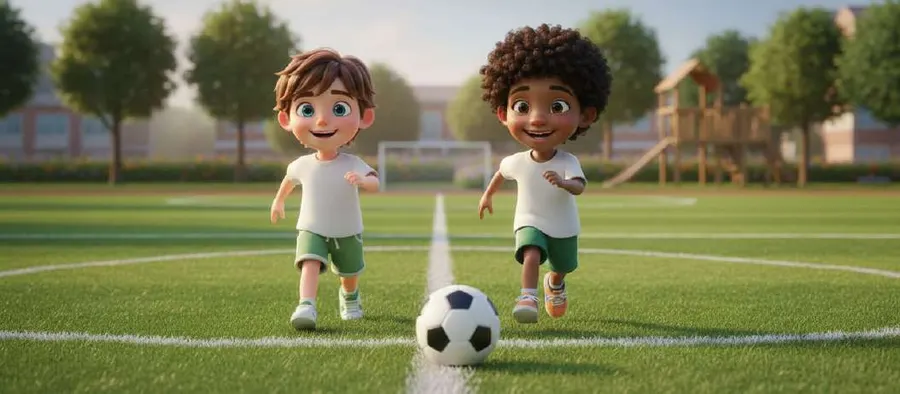 Dos niños corren hacia un balón en la línea del centro del campo de fútbol del colegio