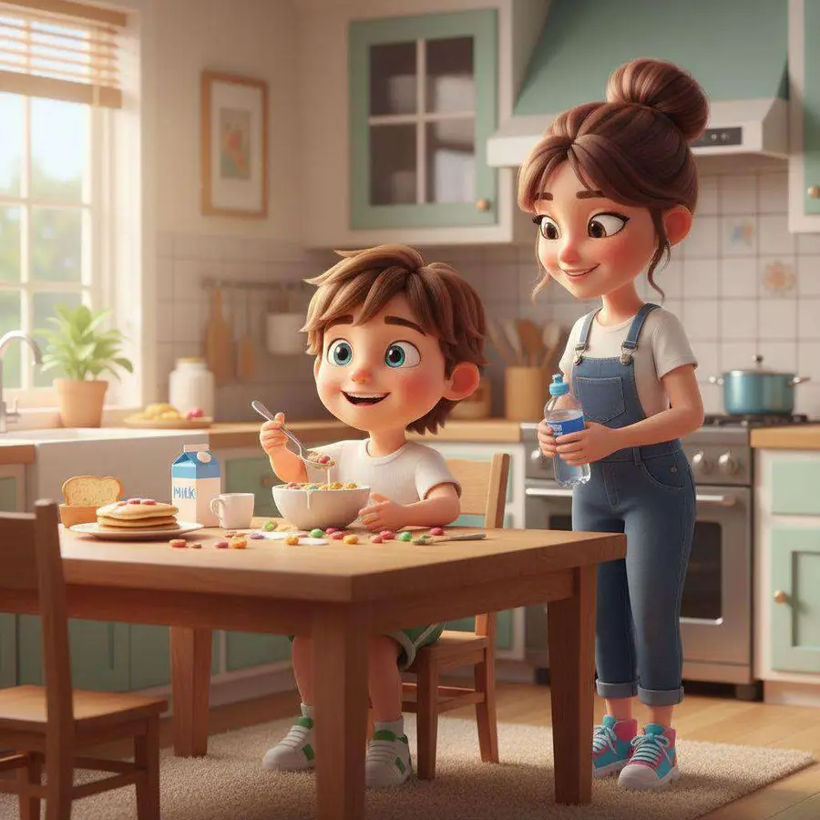 Mario desayuna cereales en la mesa de la cocina mientras su madre le acerca una botella de agua