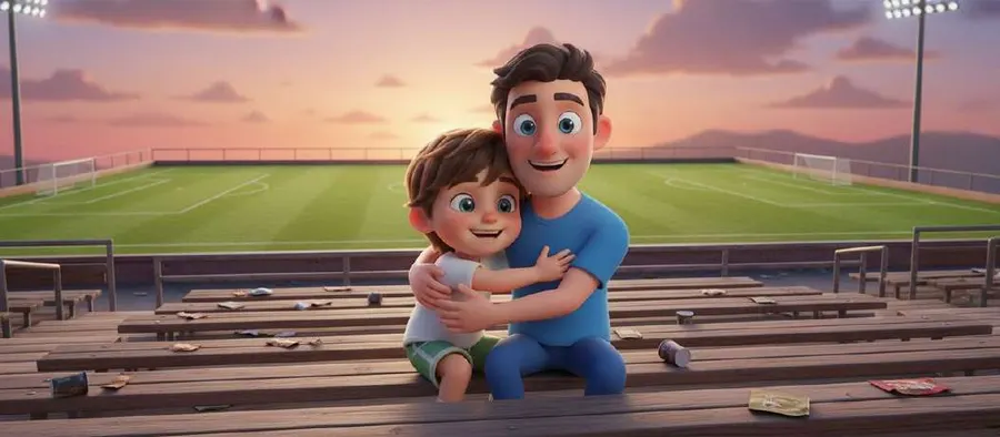 El padre de Mario lo abraza sentado en la grada de madera del campo al atardecer