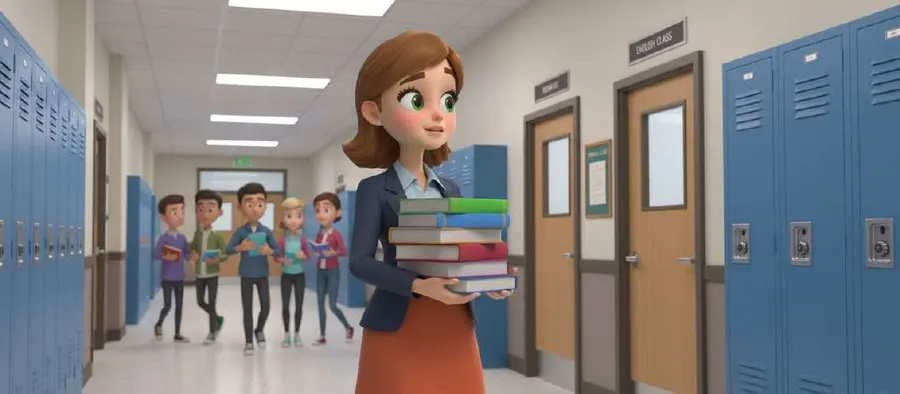 Una chica con una pila de libros busca su aula en el pasillo del instituto, entre taquillas azules y otros estudiantes