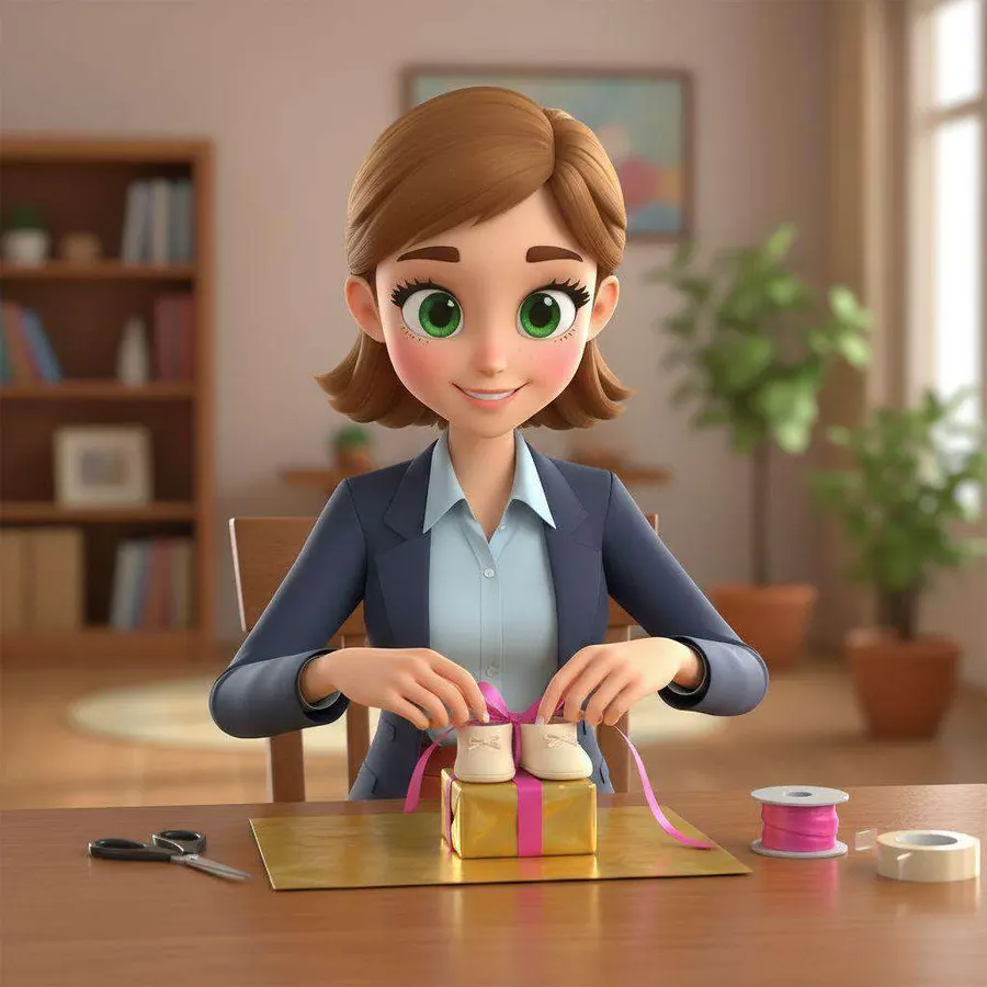 Valeria envuelve unos patucos de bebé en una caja de papel dorado con un lazo rosa sobre la mesa