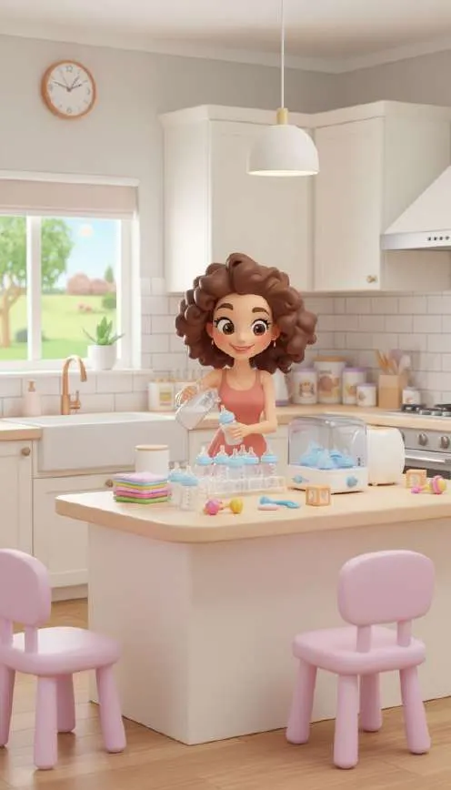 Sara prepara biberones en la cocina, con la encimera llena de utensilios de bebé