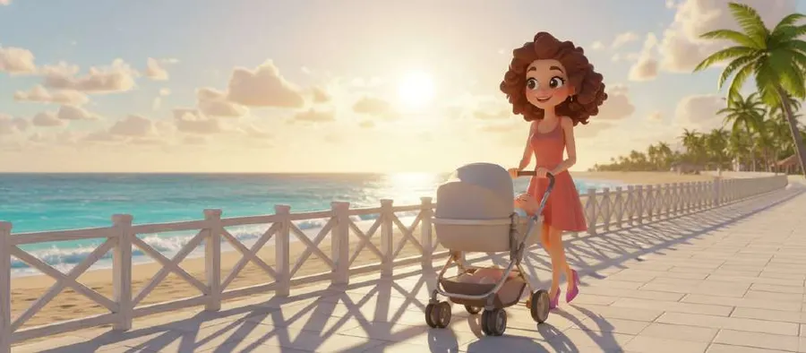 Sara empuja el cochecito por un paseo marítimo al atardecer, con el mar y la barandilla de madera a un lado