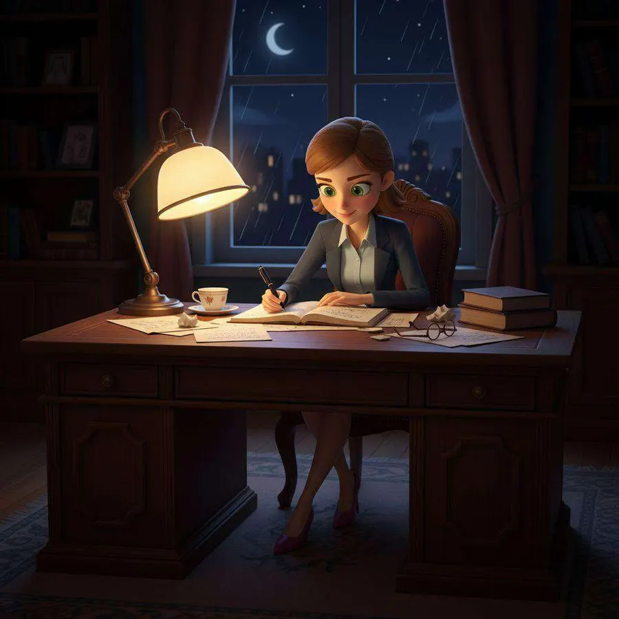 Valeria escribe el cuento a mano en un escritorio de noche, iluminada por un flexo, con la luna al otro lado de la ventana