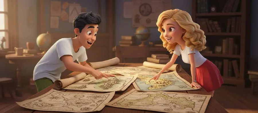 Una pareja extiende mapas antiguos sobre una mesa en el salón de su casa, rodeados de libros y un globo terráqueo