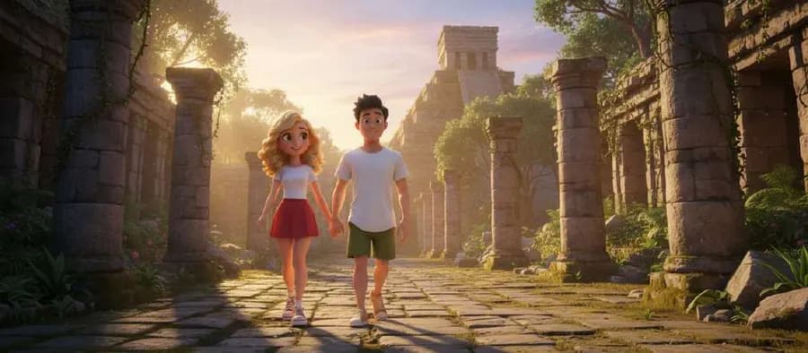 Una pareja camina de la mano al amanecer entre las columnas de piedra de un templo antiguo