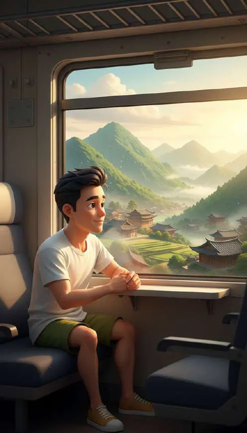 Un joven mira por la ventanilla de un tren las montañas verdes y las aldeas al amanecer