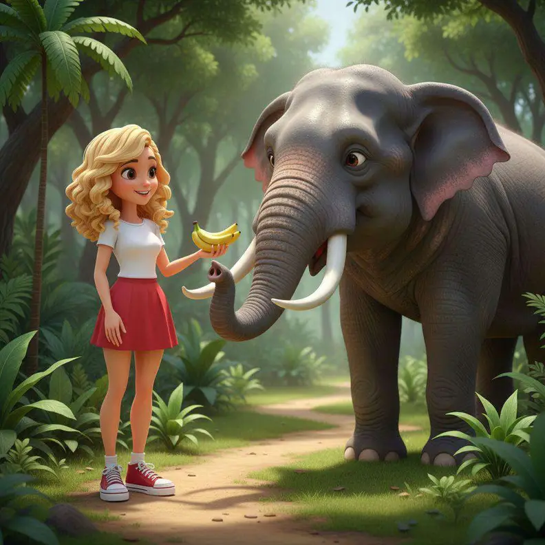 Una mujer ofrece un plátano a un elefante en un camino de selva