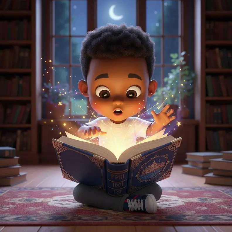 David, sentado en el suelo de la biblioteca, abre el libro de Cuentoslandia, que brilla con luz dorada entre sus manos