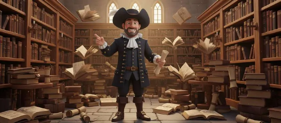 Hernán, el guardián del tiempo, entre estanterías de crónicas mientras los libros se abren y flotan a su alrededor