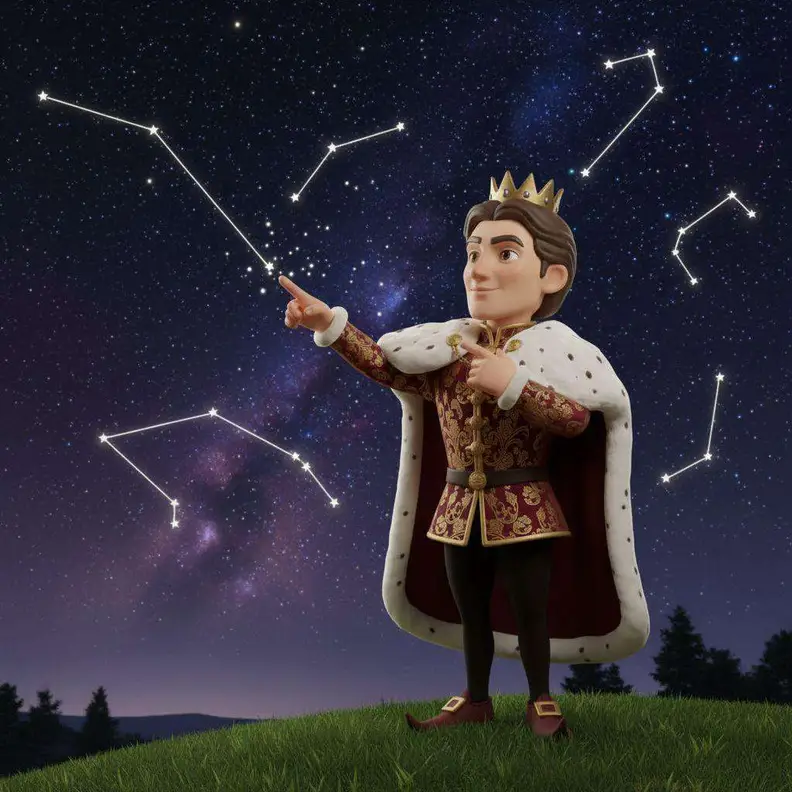 Alfonso X, con corona y capa, señala las constelaciones dibujadas con líneas de luz en el cielo nocturno