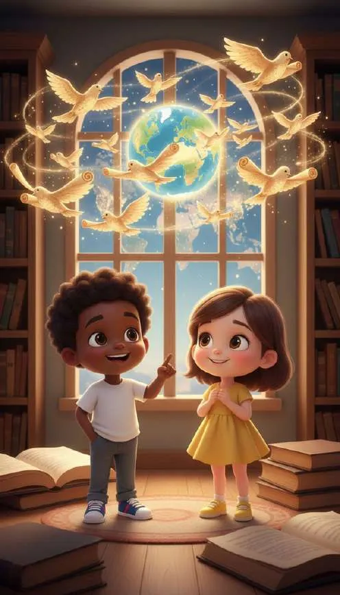 Marcela y David miran un globo terráqueo rodeado de pájaros dorados frente al ventanal de la biblioteca