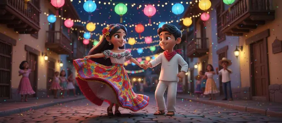 Una pareja joven baila cumbia en una calle empedrada decorada con farolillos de colores, con vecinos alrededor