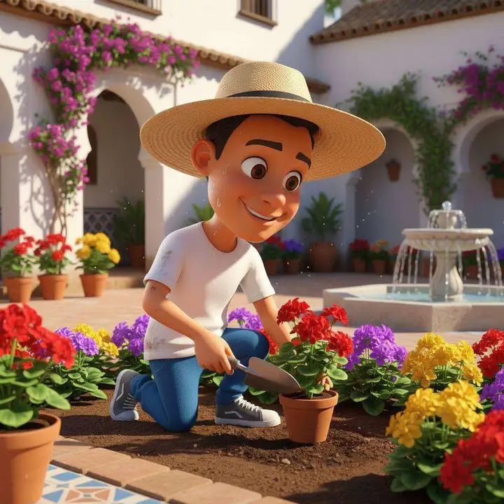 Fernando, con sombrero de paja, planta geranios de colores en el patio encalado de una casa cordobesa con fuente
