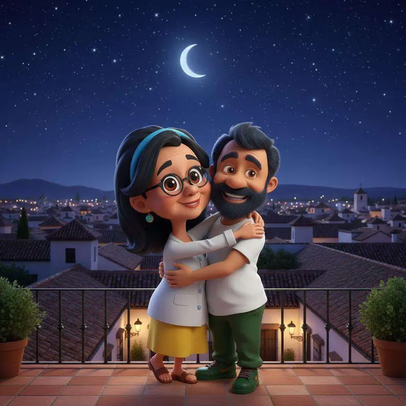 Carmen y Fernando se abrazan en una azotea de tejados encalados bajo la luna, con la ciudad iluminada al fondo