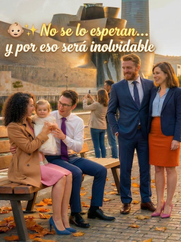 Familia feliz con bebé y cuento personalizado de bautizo