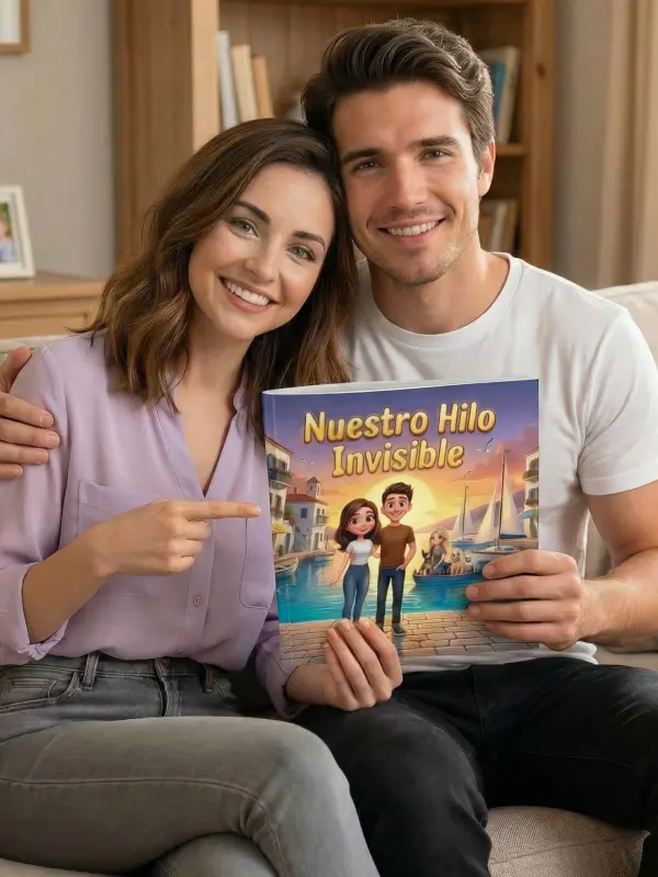 Pareja feliz leyendo su cuento personalizado de San Valentín