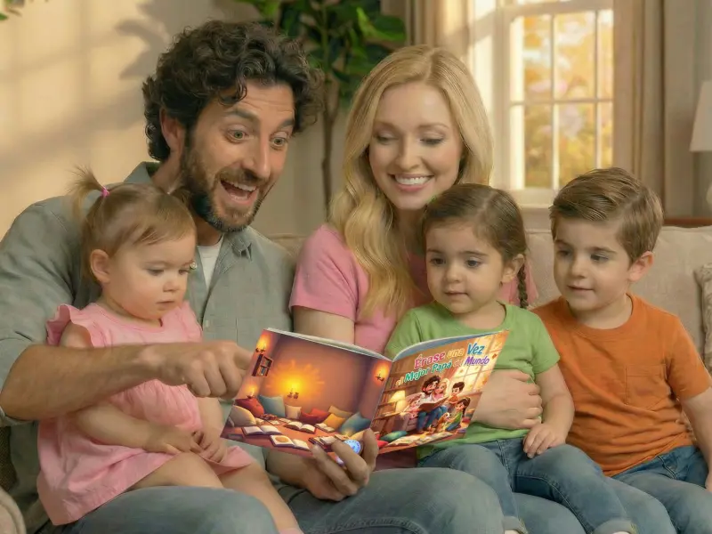 Familia feliz leyendo cuento personalizado para el día del padre
