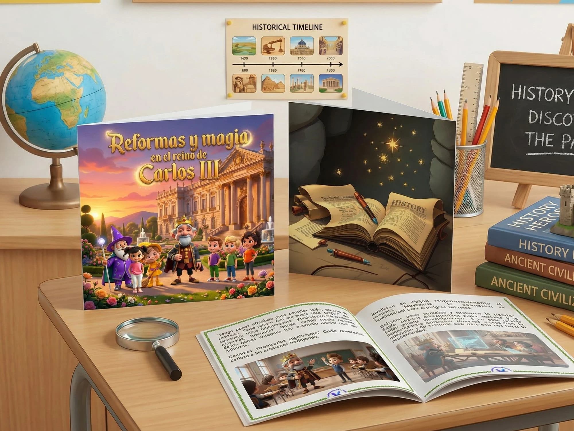 Cuento personalizado de historia de Carlos III impreso sobre mesa