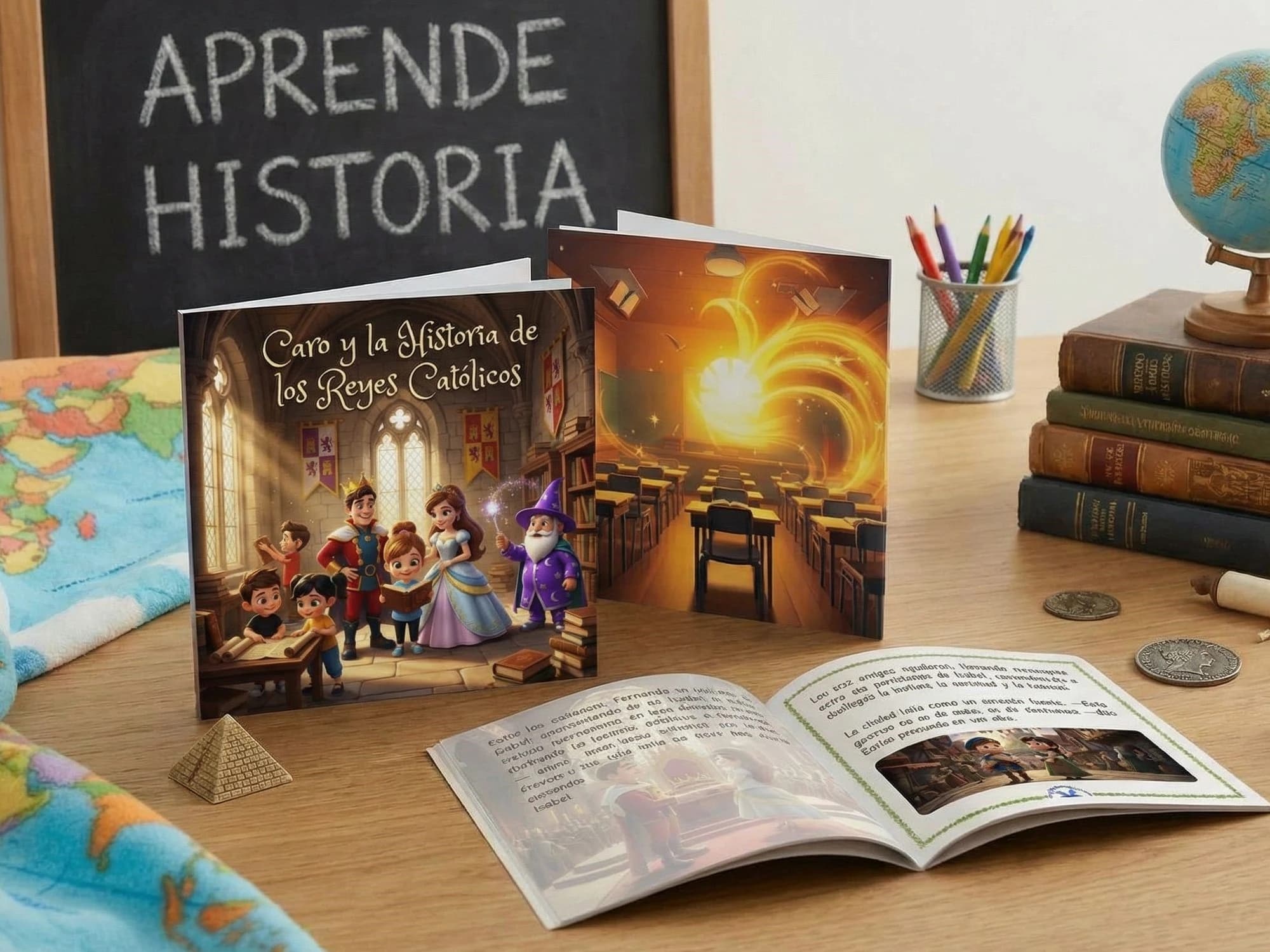 Libro personalizado de historia de los Reyes Católicos impreso sobre mesa