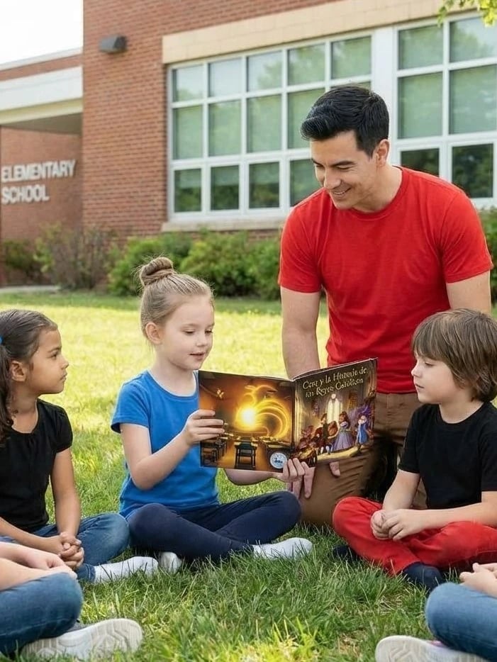 Niños leyendo un cuento personalizado de historia de los Reyes Católicos