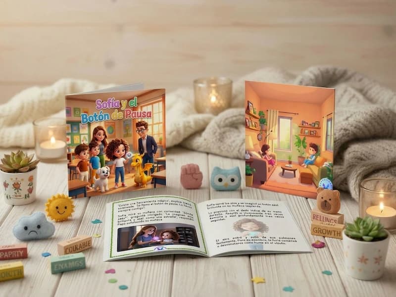 Cuento personalizado sobre el botón de pausa para gestionar emociones, libro en mesa