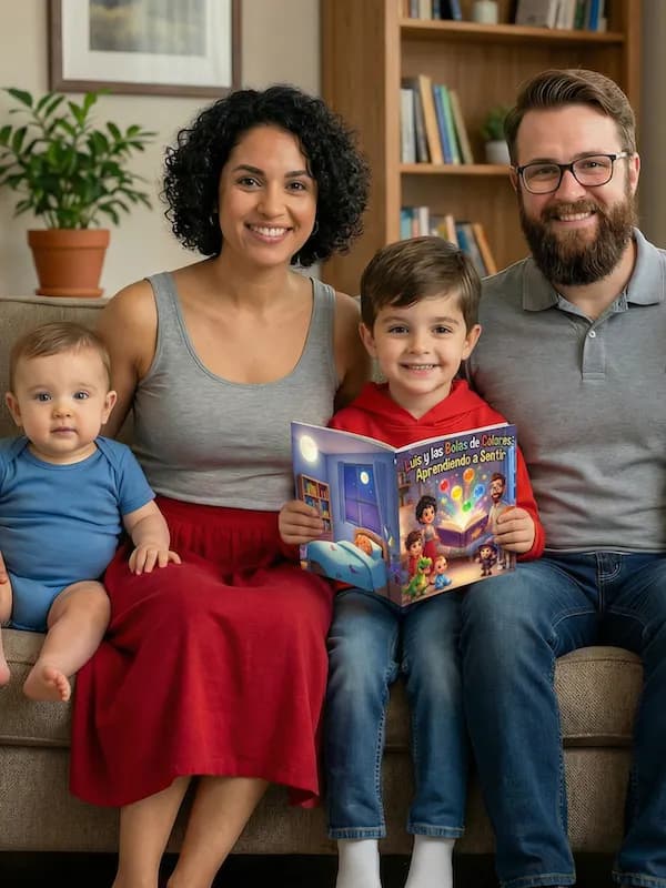 Niño con cuento personalizado de gestión emocional protagonizando la historia de las emociones
