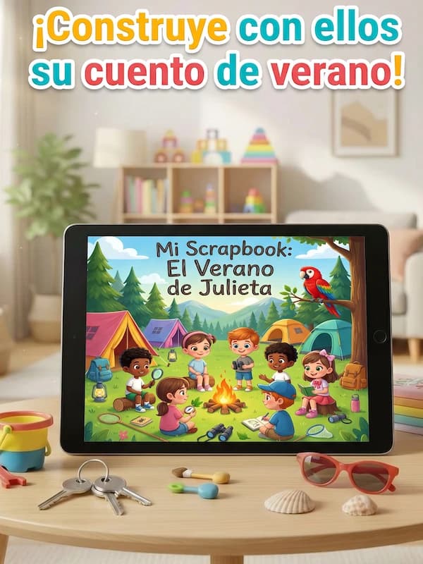 Tablet mostrando el cuento scrapbook personalizado del verano en un campamento, en formato digital