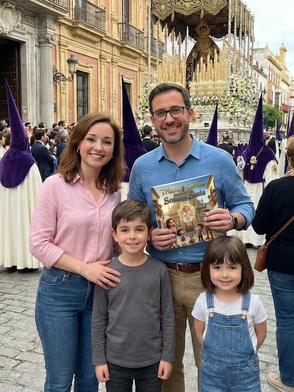 Familia celebrando Semana Santa con cuento personalizado