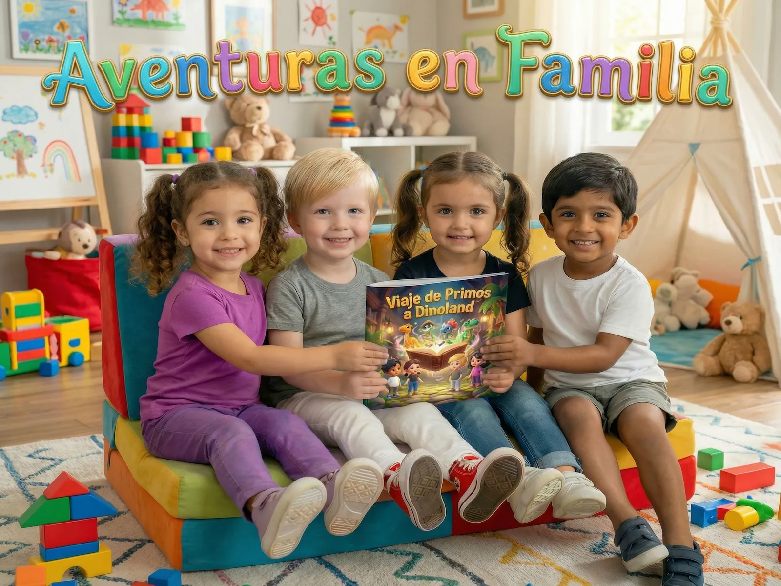Cuento personalizado sobre viaje a Dinoland, foto real de familia