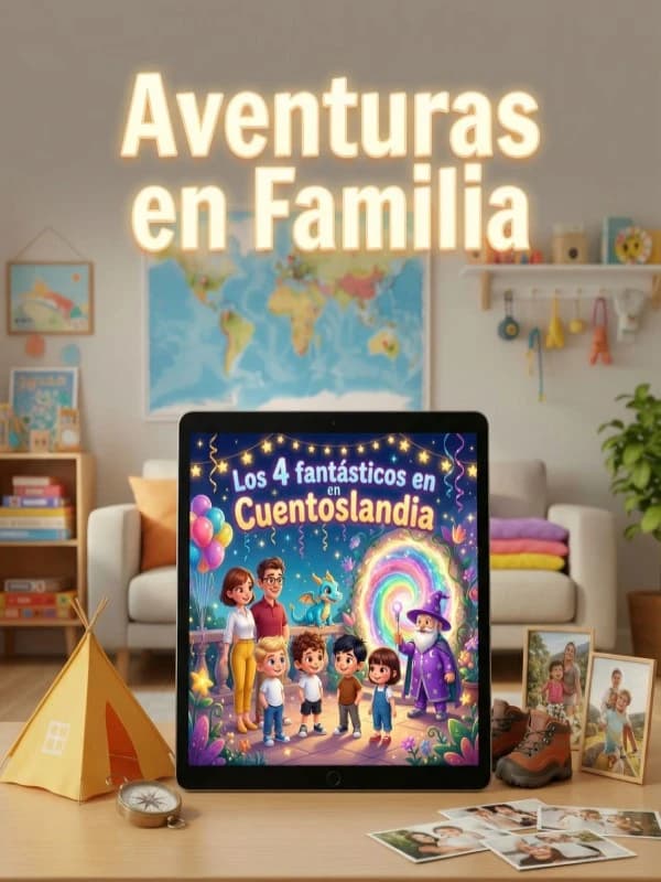 Niños leyendo cuento personalizado de aventuras familiares en iPad